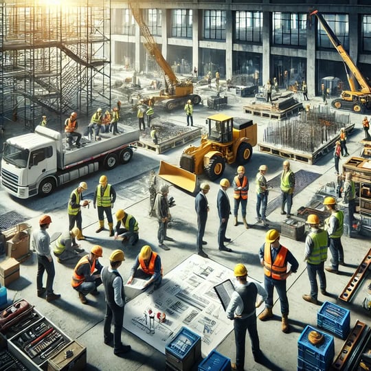 DALL·E 2024-11-29 08.57.50 - A realistic photograph of a construction site featuring a diverse team of workers in safety gear, actively collaborating and working on a project. The