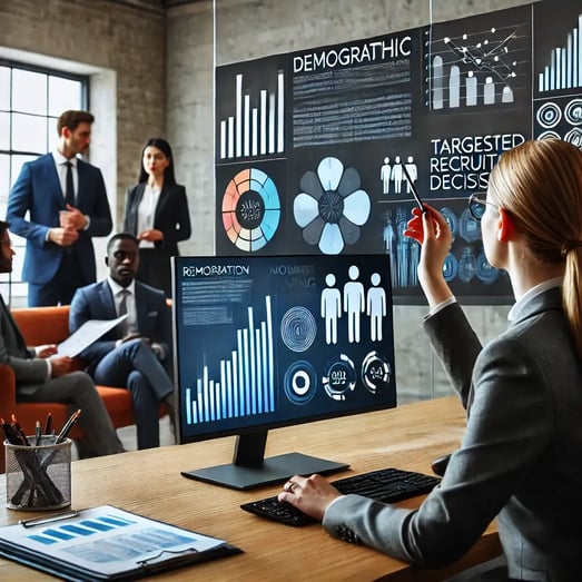 DALL·E 2024-12-02 11.28.04 - A professional office setting showing a hiring manager analyzing demographic data on a large computer screen. The screen displays charts, graphs, and 