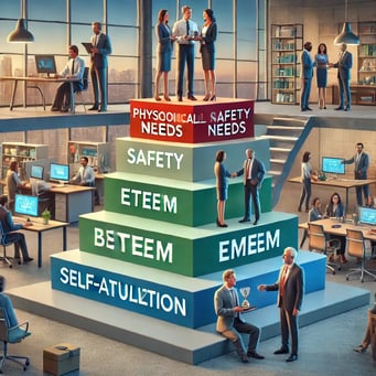 DALL·E 2024-12-03 13.47.10 - A visually engaging representation of Maslows Hierarchy of Needs in a professional setting, illustrating how each level (physiological needs, safety,