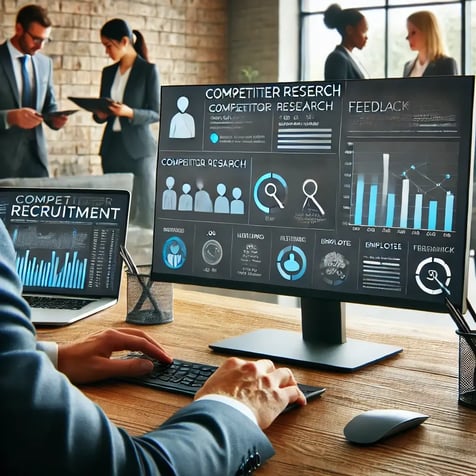 DALL·E 2024-12-09 09.41.11 - A professional office setting where a hiring manager is analyzing competitor research for recruitment. The computer screen displays charts, job listin