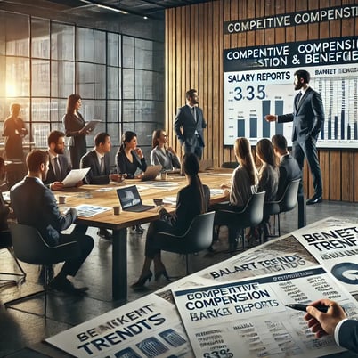 DALL·E 2024-12-11 06.56.51 - A realistic scene showing a group of professionals in a meeting room discussing competitive compensation and benefits strategies. On the table are pri