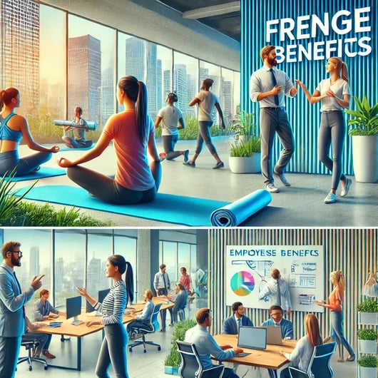 DALL·E 2024-12-12 06.50.32 - A vibrant and modern office environment showcasing employees enjoying various fringe benefits. The scene features a group participating in a wellness