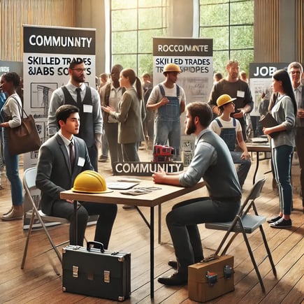 DALL·E 2024-12-17 07.03.46 - A realistic scene of a local community event where professionals are networking and connecting for recruitment purposes. The setting features a booth